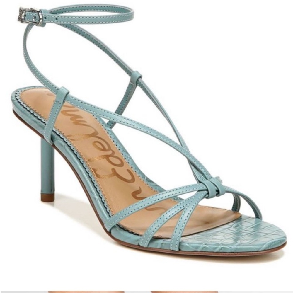 Sam Edelman Pippa Snakeskin Strappy Heels, Blue Sage - Size 7.5W